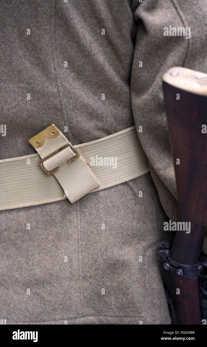 Detail eines Mitglieds einer Gruppe lebendige Geschichte gekleidet, wie eine britische Weltkrieg Soldat Stockfoto