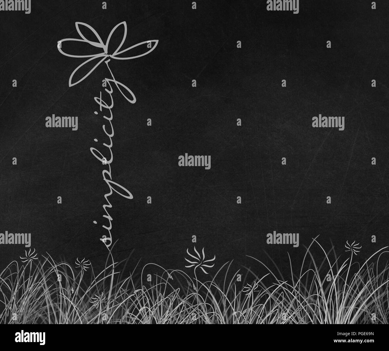 Daisy Grafik Design im Gras mit Einfachheit Text auf schwarzen Tafel Stockfoto