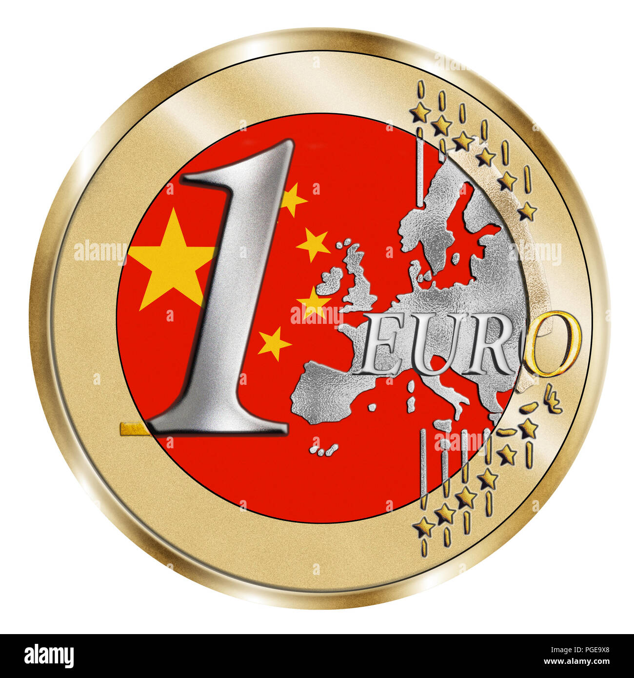 Eine Montage von einem Stilisierten 1 Euro Münze und eine chinesische Nationalflagge. Ein Photoshop Composite mit eingelegten Korn betont die lebendige Silber und Gold. Stockfoto