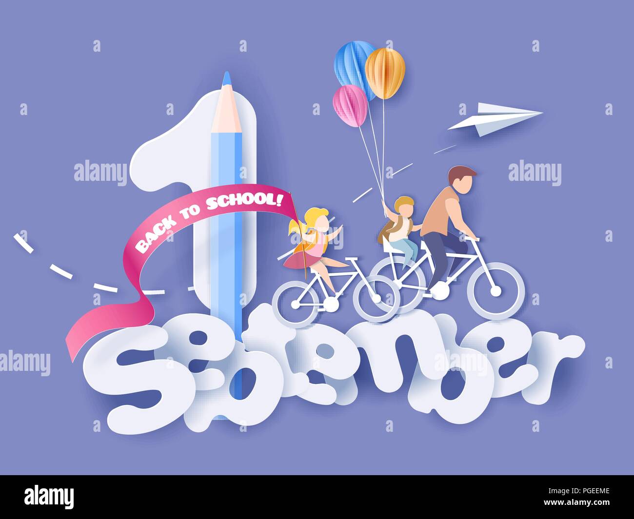 Zurück zu Schule 1. september Karte. Kinder Fahrradfahren mit Luftballons. Papier schneiden Stil. Vector Illustration Stock Vektor