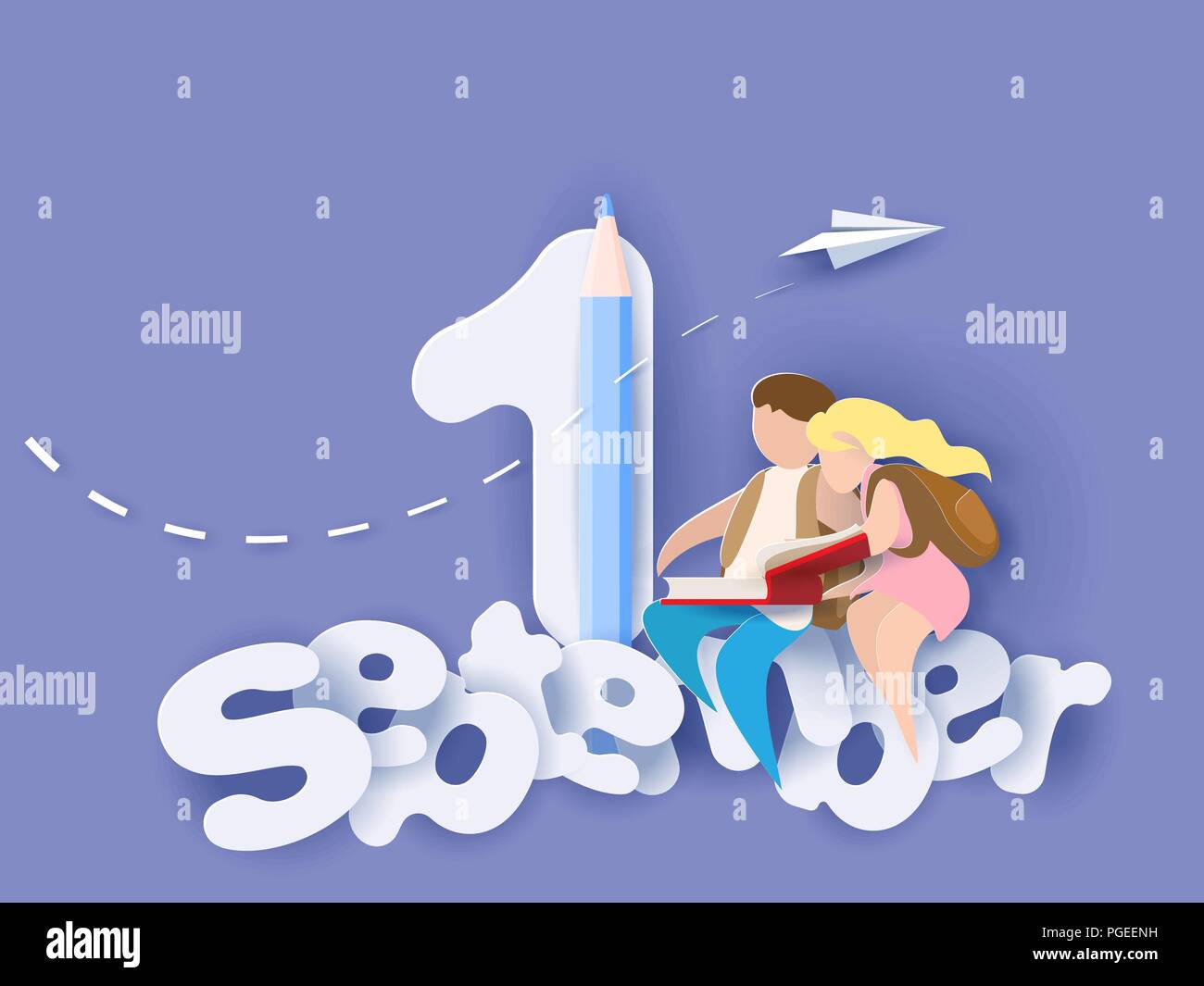 Zurück zu Schule 1. september Karte mit Jungen und Mädchen lesen Buch und sitzen auf Cloud. Vector Illustration. Papier geschnitten und Handwerk Stil. Stock Vektor