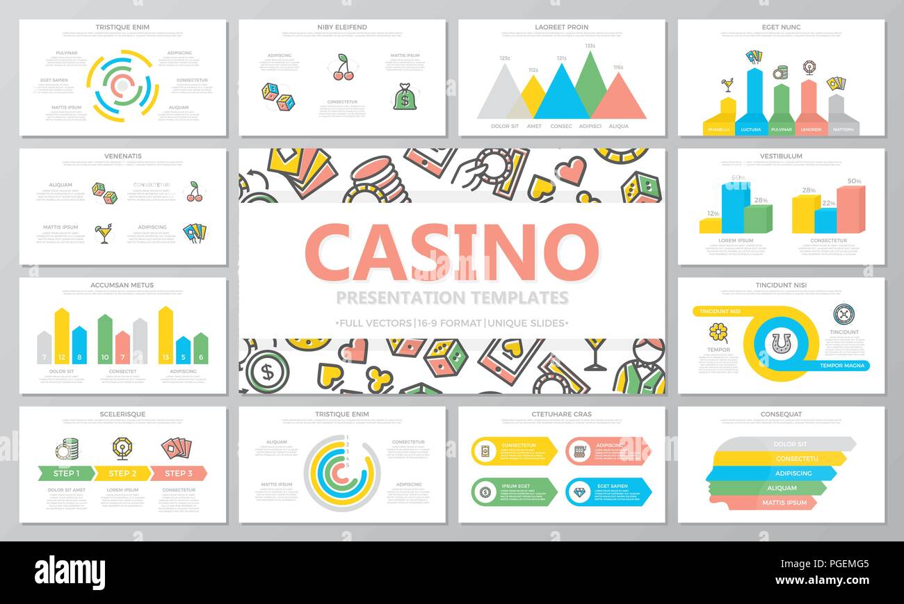 Glücksspiel und Casino multipurpose Präsentation Vorlagen und Infografiken Elemente auf weißem Hintergrund. Verwenden Sie für Business Jahresbericht, Flyer, Corporate Marketing, Prospekt, Werbung, Broschüre. Stock Vektor