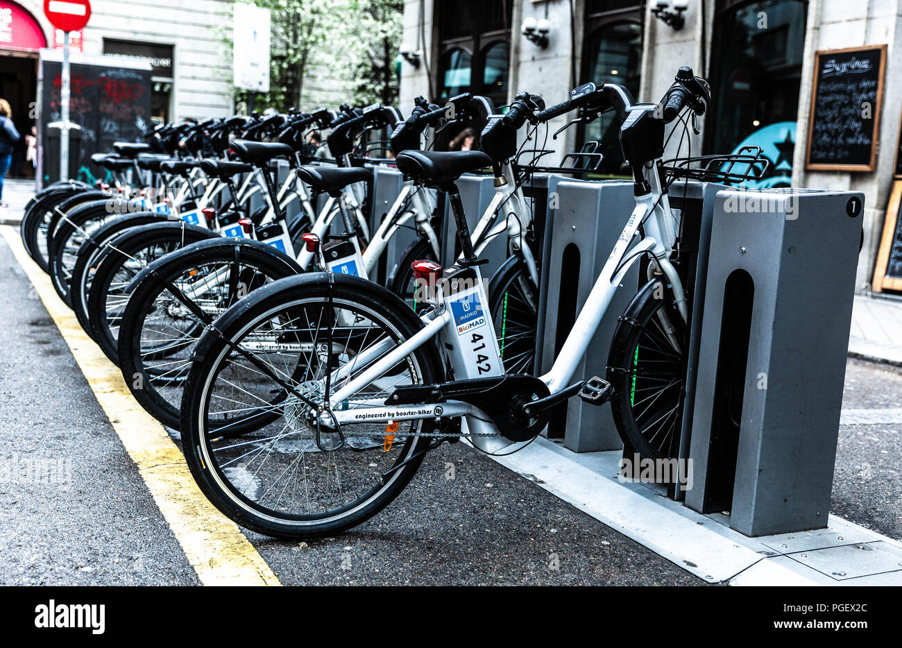 BiciMAD Dockingstation, Madrid, Spanien. Stockfoto