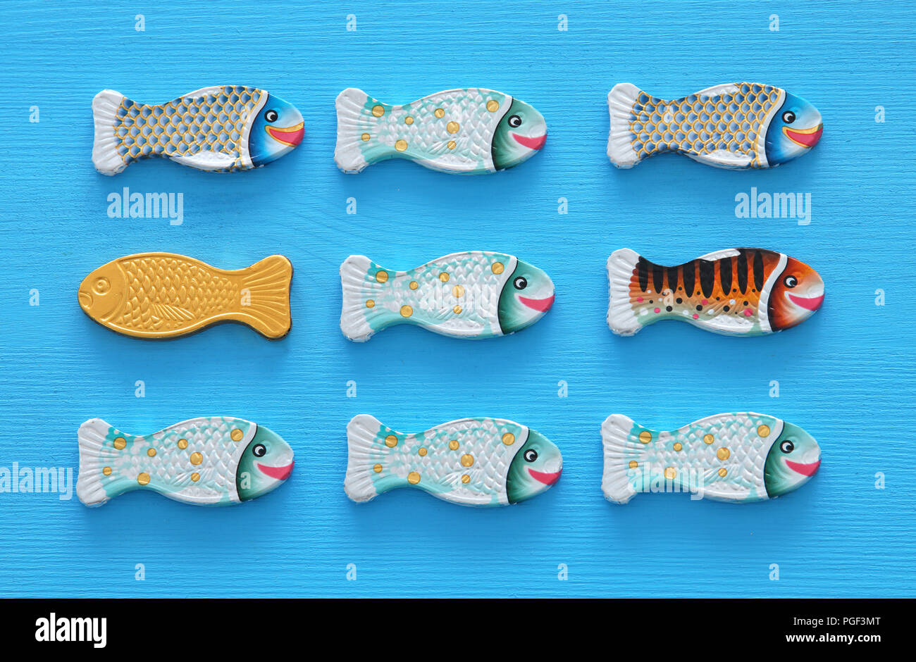Verschiedene Fische schwimmen entgegengesetzte Weise identisch sind. Mut und Erfolg Konzept Stockfoto