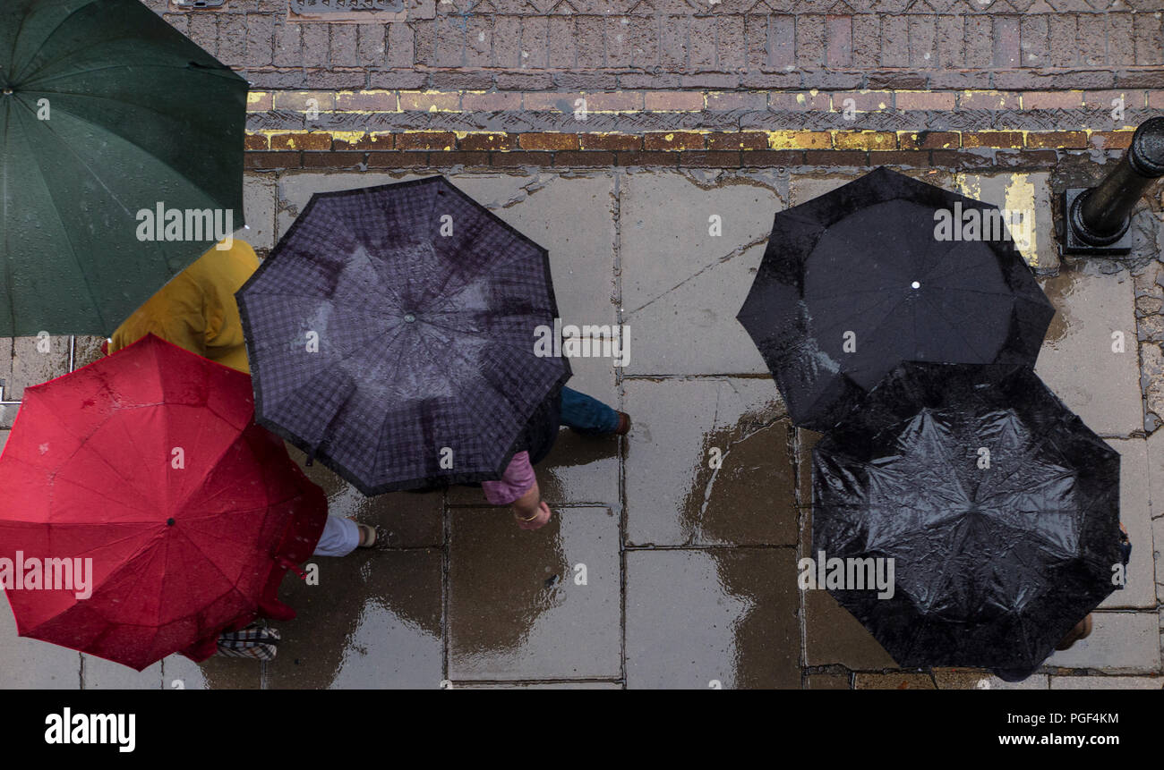 Regen- und Sonnenschirme werden angehoben, trocken auf einer Londoner Straße zu halten. Stockfoto