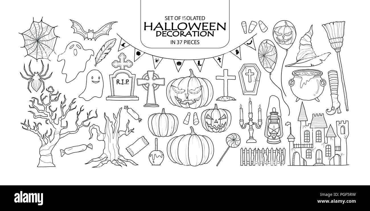 Eingestellt von isolierten Halloween Dekoration in 37 Stücke. Süße Hand gezeichnet haunted Thema vector Abbildung in Schwarz und Weiß auf Weiß backgro Stock Vektor
