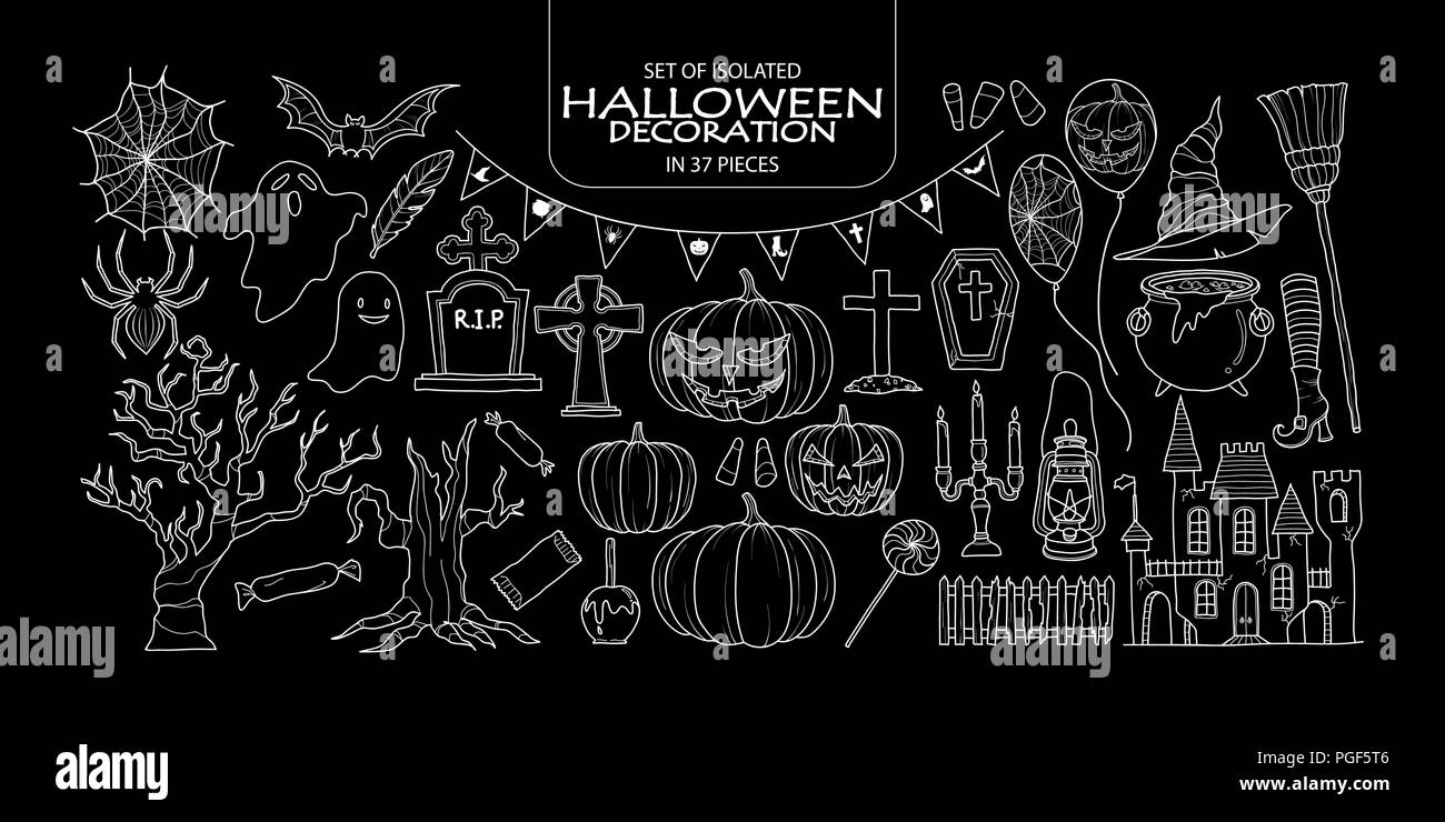 Eingestellt von isolierten Halloween Dekoration in 37 Stücke. Süße Hand gezeichnet haunted Thema Vector Illustration nur weißer Umriss auf schwarzem Hintergrund. Stock Vektor