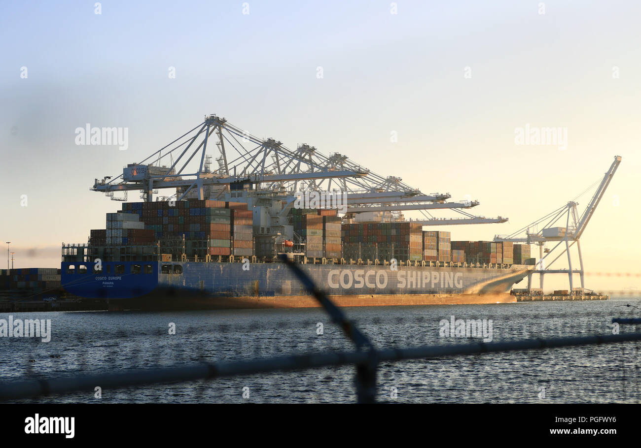 Long Beach, USA. 23 Aug, 2018. Ein Containerschiff von China COSCO Shipping Corporation Limited ist im Hafen von Long Beach, Los Angeles County, USA, 23.08.2018, gesehen. Mit Interview: Betroffenen port Business im Handel Spannungen hits US-Wirtschaft --port offizielle Quelle: Li Ying/Xinhua/Alamy leben Nachrichten Stockfoto