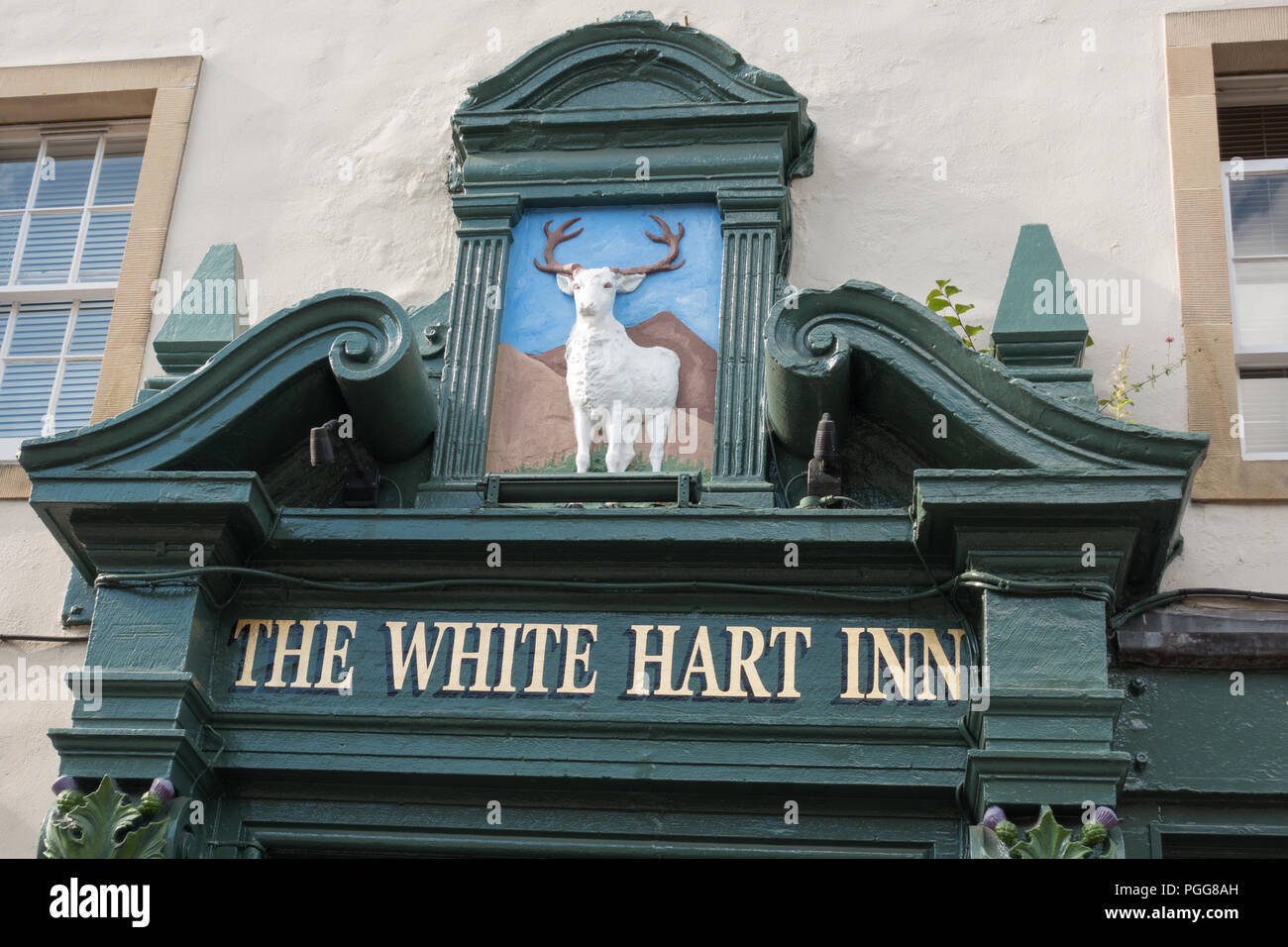 Das White Hart Inn Zeichen, Grassmarket, Edinburgh, Schottland, Großbritannien Stockfoto