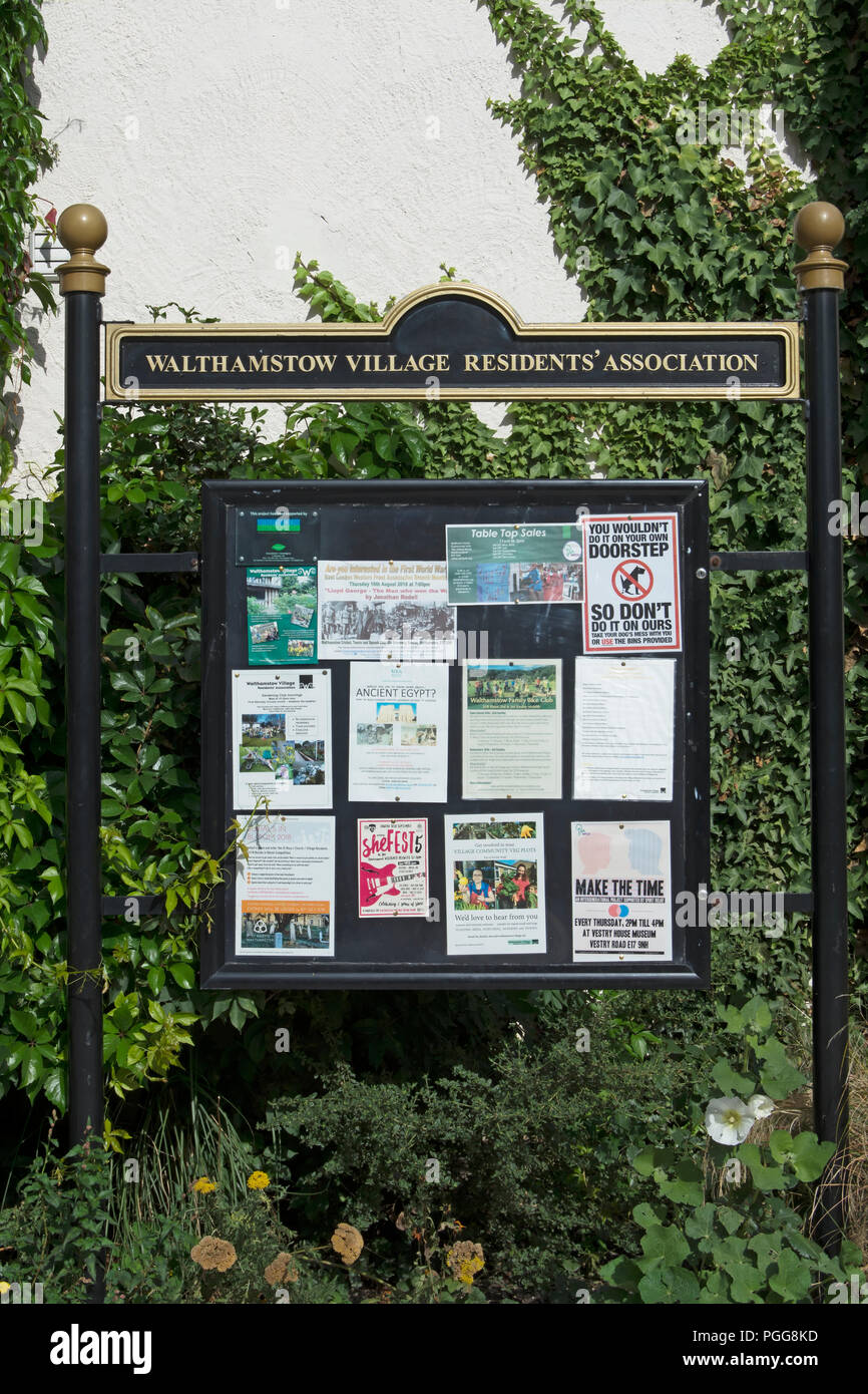 Walthamstow village Residents Association noticeboard, Walthamstow, London, England Stockfoto