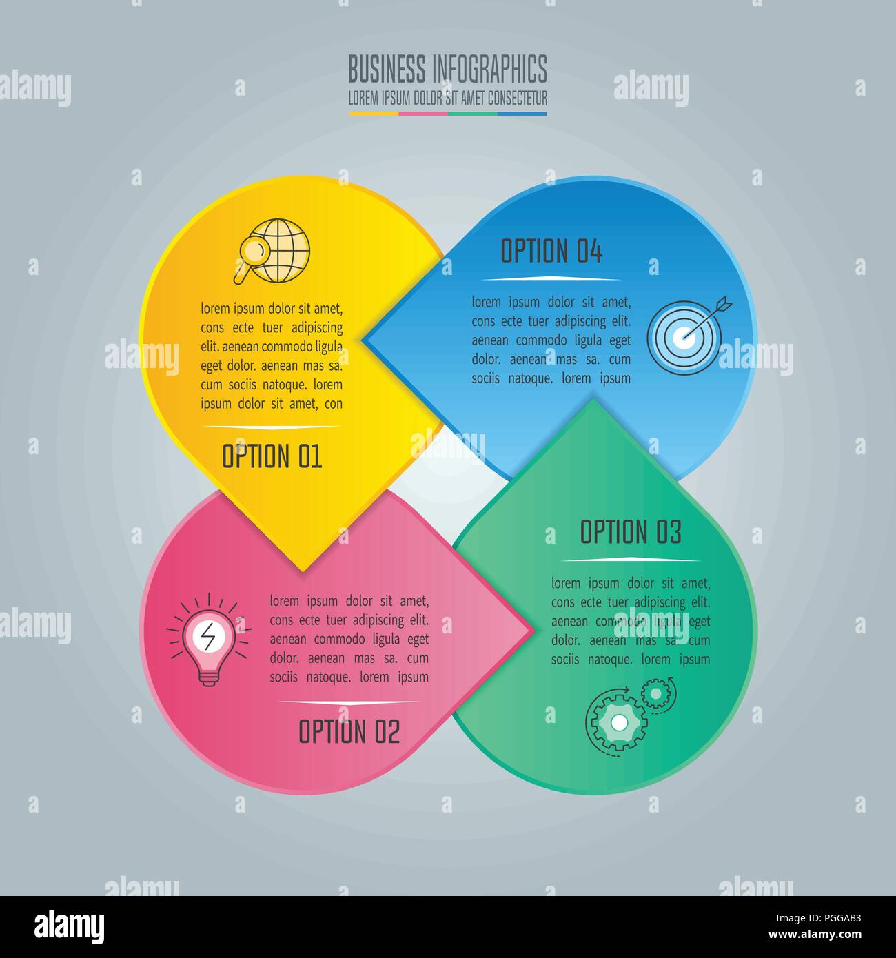Kreatives Konzept für Infografik mit 4 Optionen, Teile oder Prozesse. Timeline Infografik business Design und Marketing Symbole für Präsentation, 1 Jahr Stock Vektor