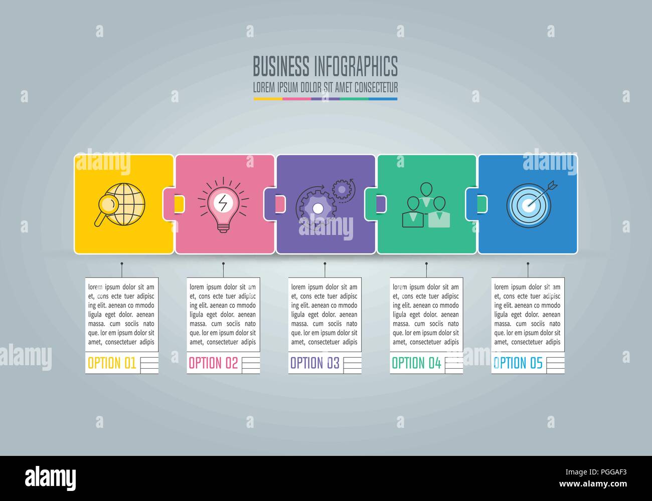 Kreatives Konzept für Infografik mit 5 Optionen, Teile oder Prozesse. Timeline Infografik business Design und Marketing Symbole für Präsentation, 1 Jahr Stock Vektor