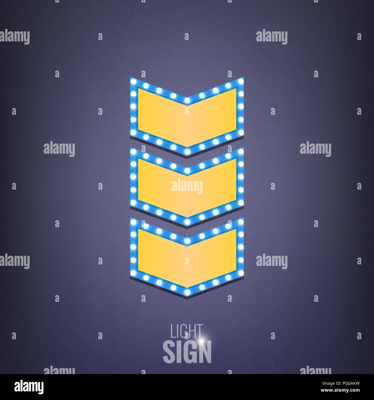 Schild mit Glühlampen. Glänzend Pfeil Banner. Leuchtende Anzeige Stock Vektor