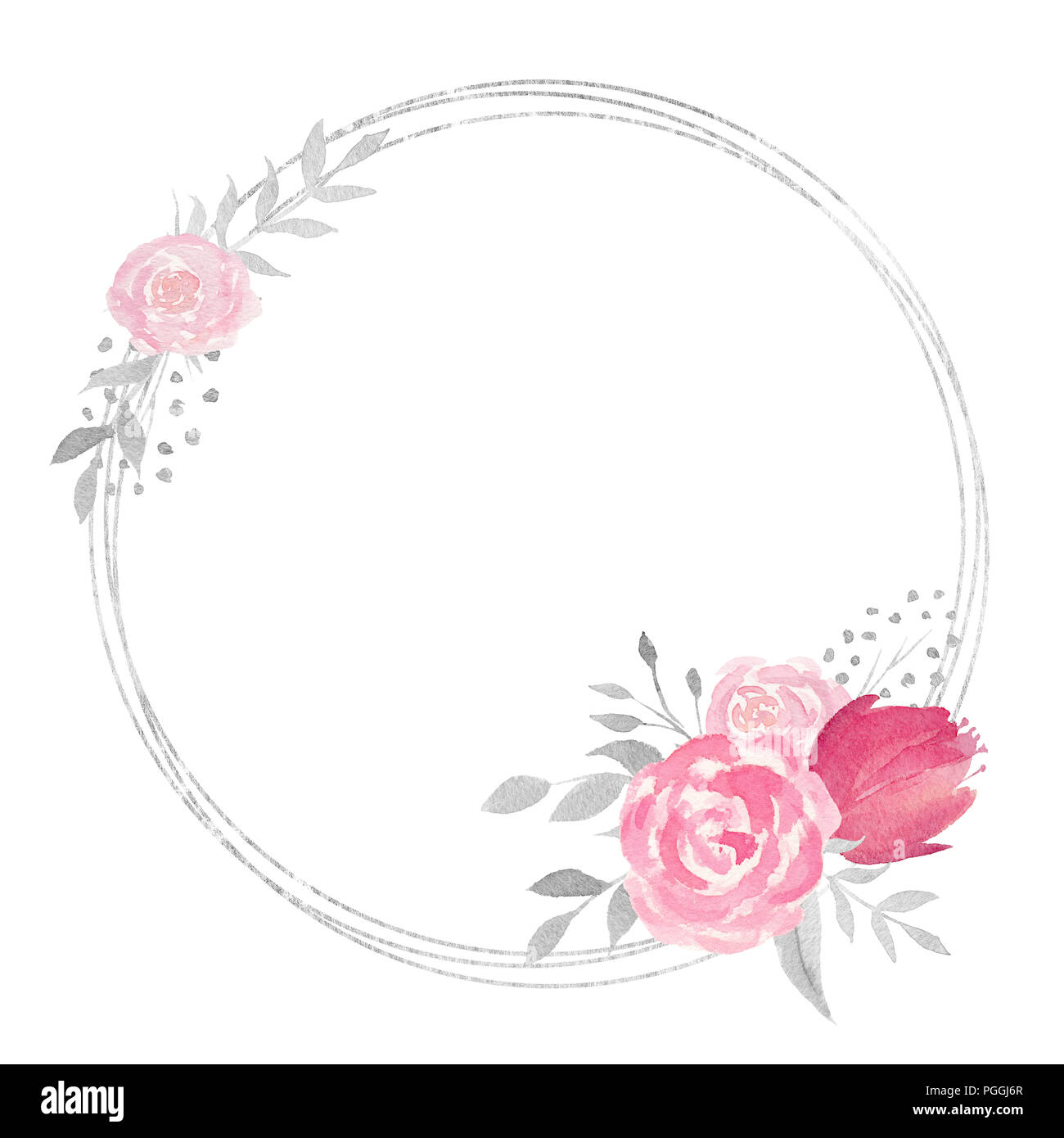 Aquarell Blumen Rahmen mit Rose, Blätter, Schmetterlinge, Blumen und Zweige. Aquarell Blumenstrauß für Ihr Design. Ideal für Hochzeit, Einladungen, bl Stockfoto