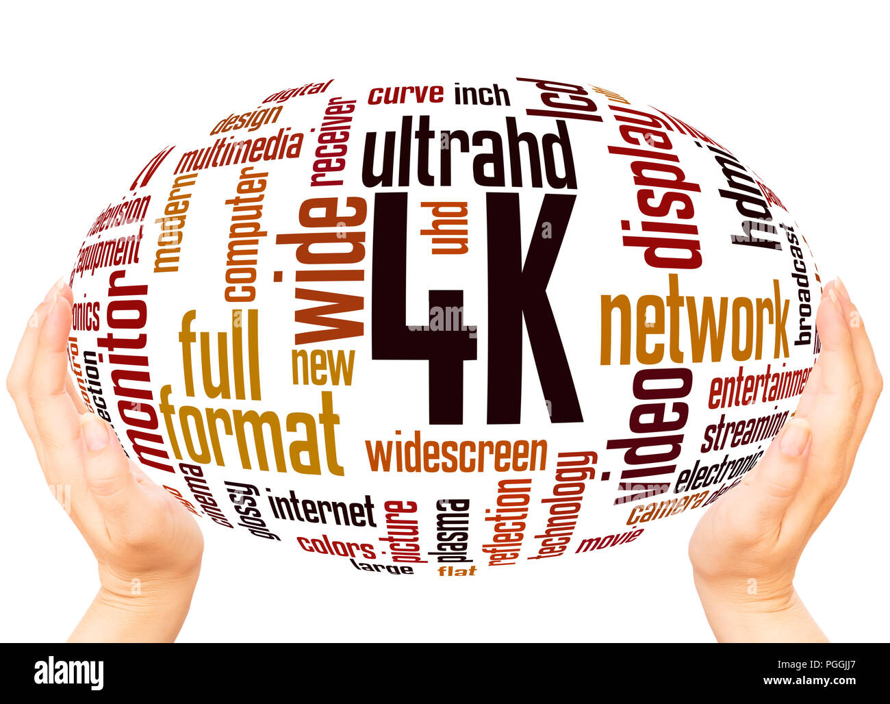 4K-wort Cloud Hand Kugel Konzept auf weißem Hintergrund. Stockfoto