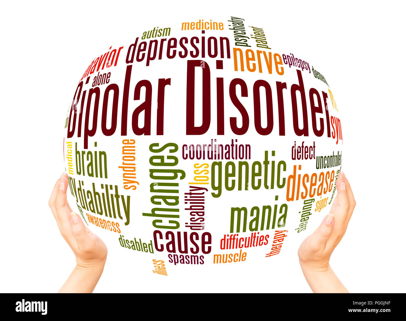 Bipolare Störung Wort cloud Sphäre Konzept auf weißem Hintergrund. Stockfoto