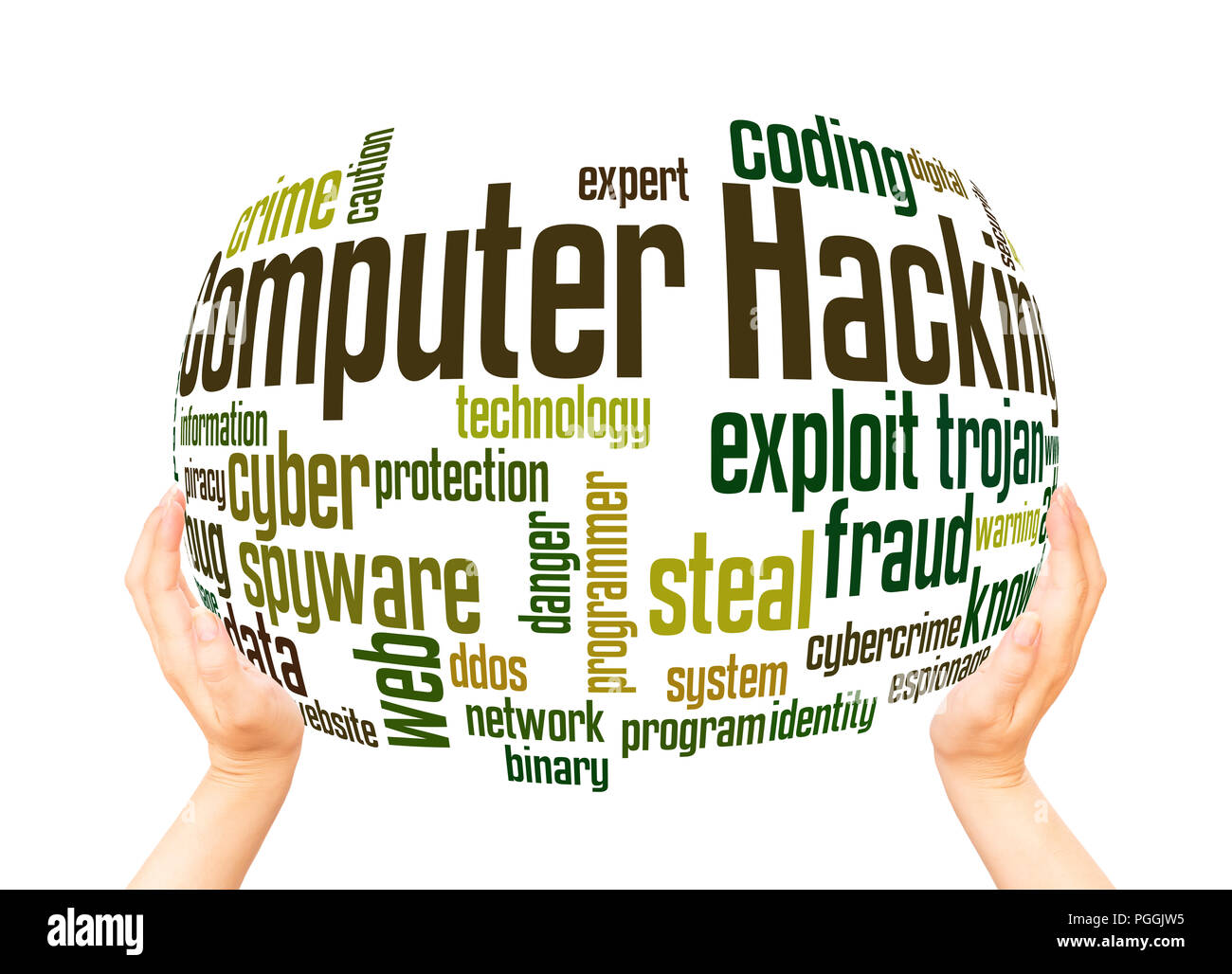 Hacking Wort cloud Sphäre Konzept auf weißem Hintergrund. Stockfoto