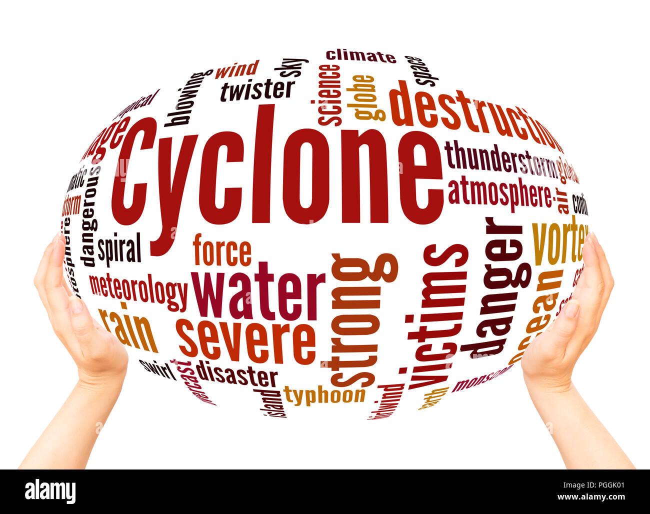 Cyclone Wort Cloud Hand Kugel Konzept auf weißem Hintergrund. Stockfoto