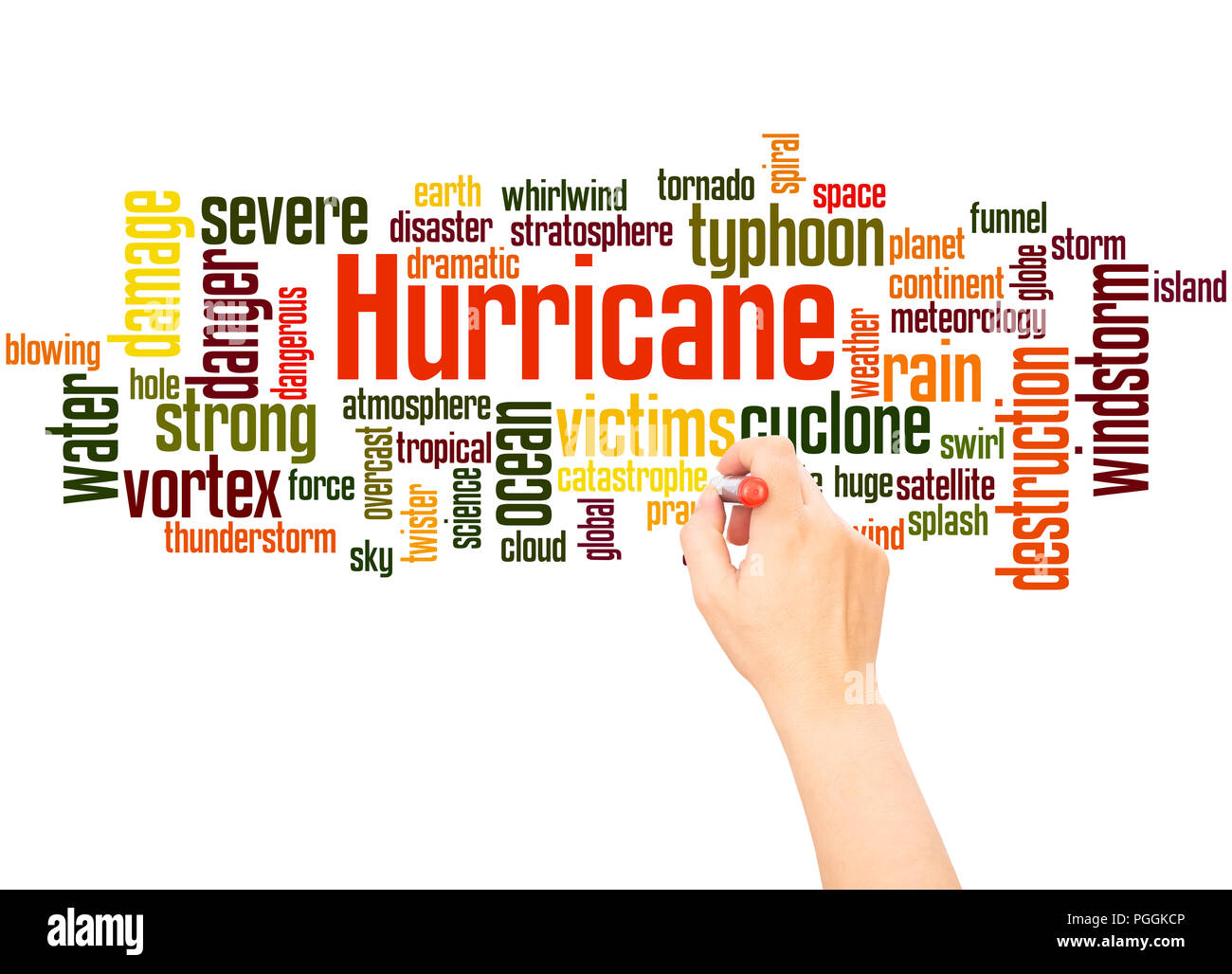 Hurricane Wort cloud hand Konzept Schrift auf weißen Hintergrund. Stockfoto