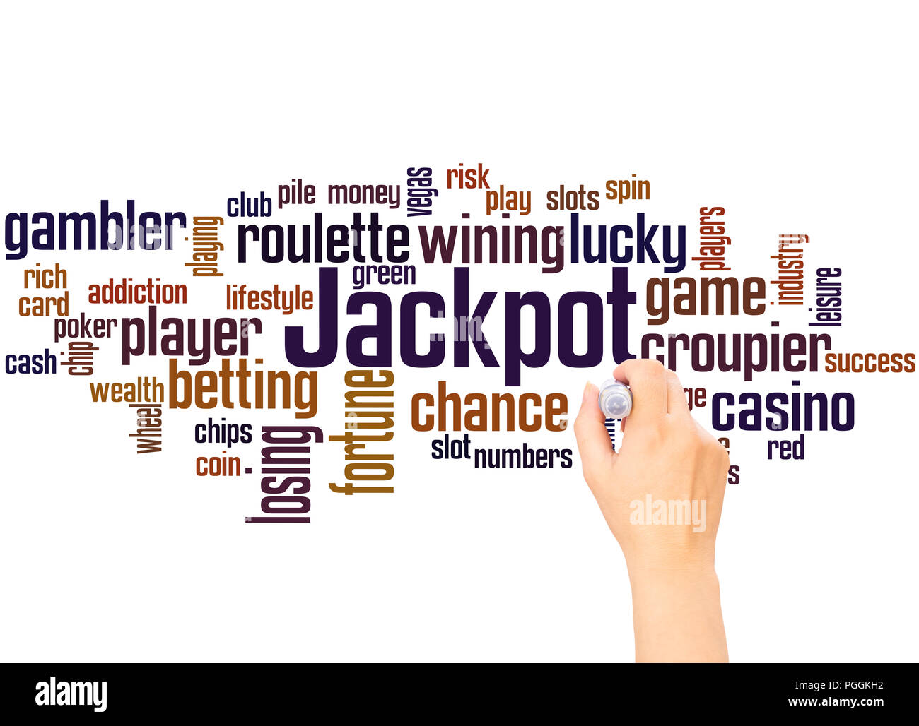 Jackpot Wort cloud und Hand schreiben Konzept auf weißem Hintergrund. Stockfoto