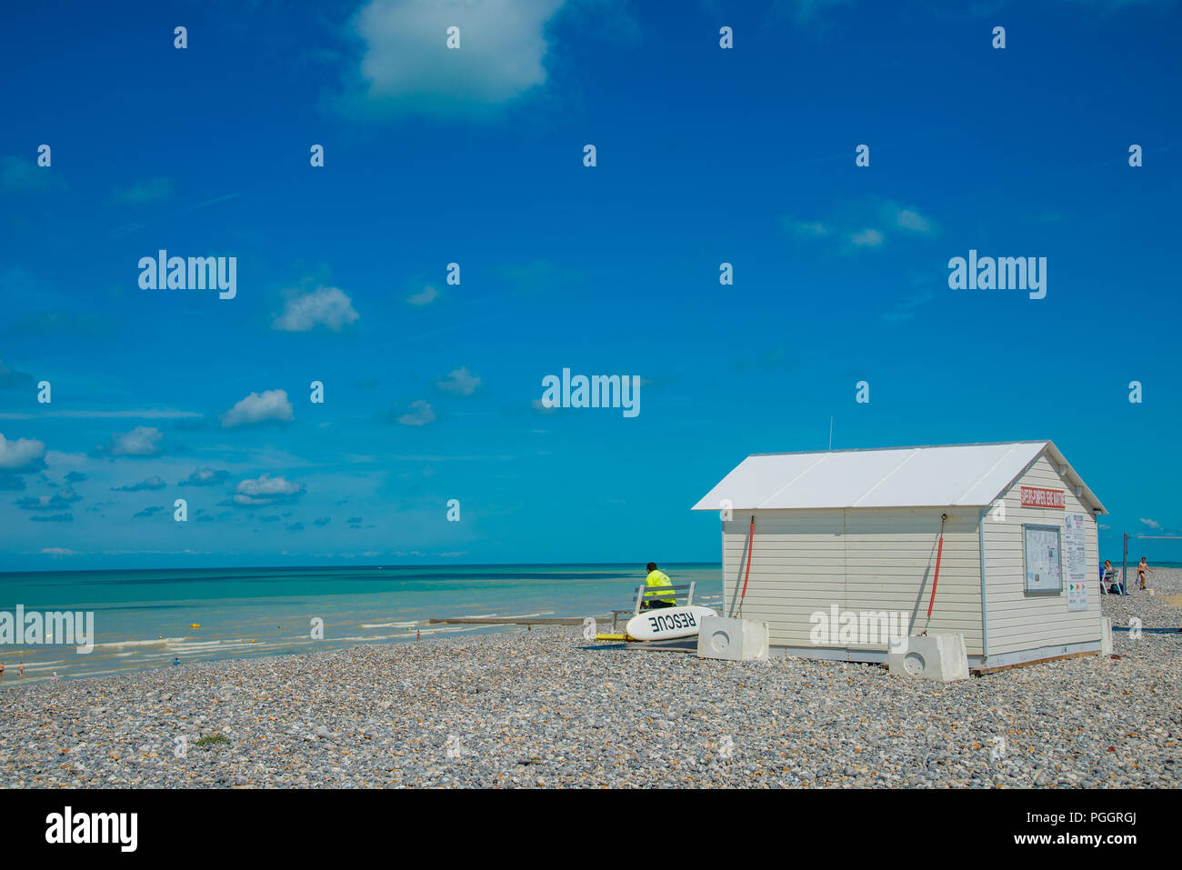 Wachmann am Strand von Criel-sur-Mer in der Normandie, Frankreich Stockfoto