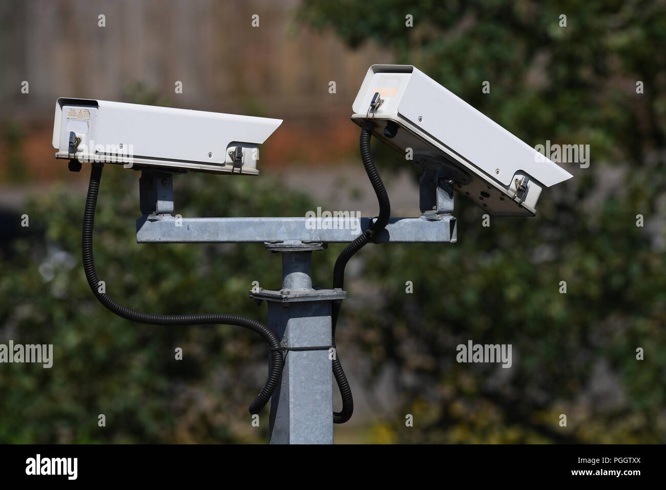Zwei große weiße Überwachungskameras auf einem Mast montiert. Stockfoto