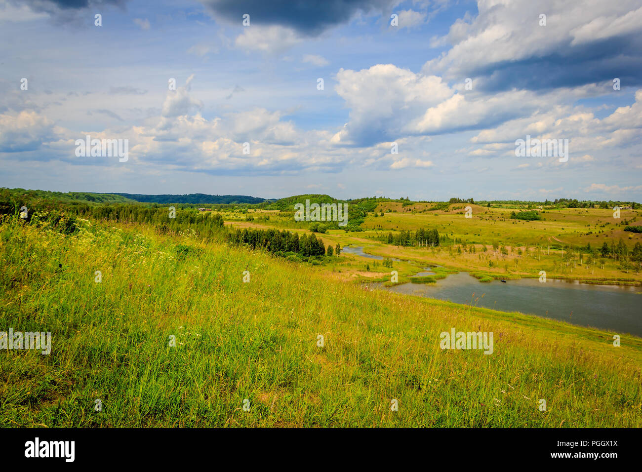 Russlands weiten, Sommer Landschaften. Offene Felder und Flüsse. Pskow Stockfoto