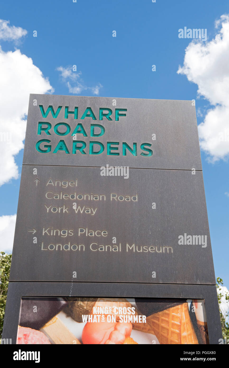 Wharf Road Gärten Zeichen, Kings Cross, London England Großbritannien UK Stockfoto