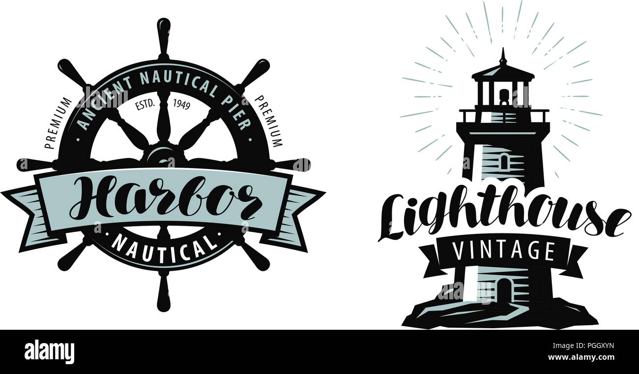 Leuchtturm, Meer Pier, Hafen Logo oder Label. Nautische Konzept. Typografische Gestaltung Vektor Stock Vektor