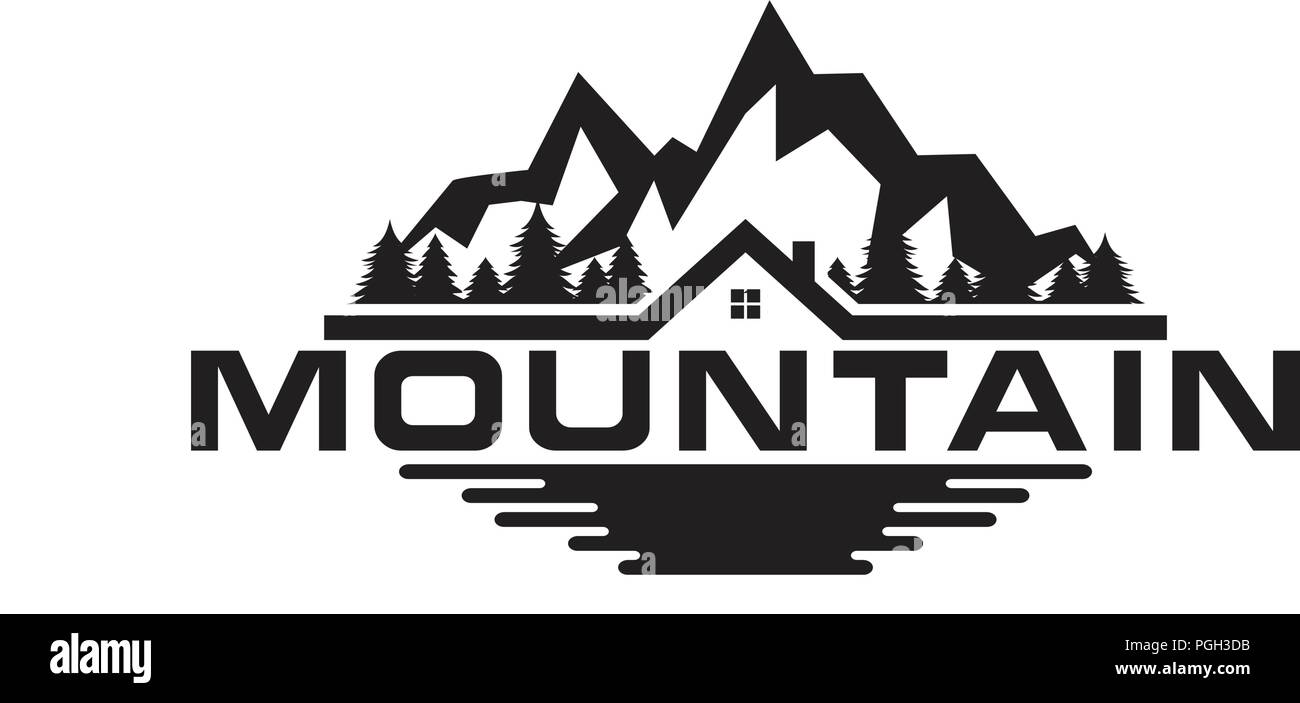 Abbildung: Berg, Bäume, Haus und Feld Logo Design Stock Vektor