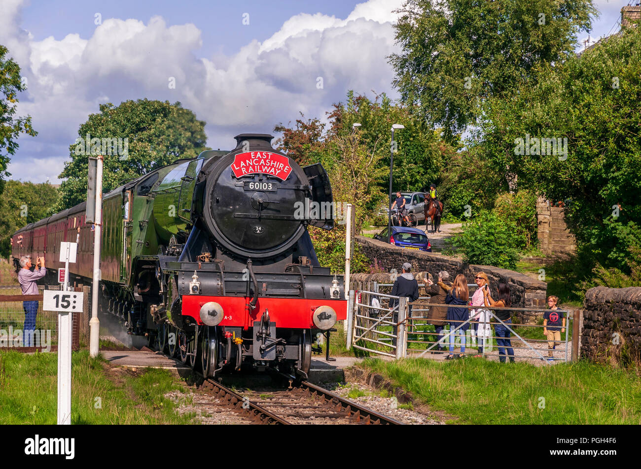 Der Flying Scotsman Dampflokomotive auf dem East Lancashire Eisenbahn. Irwell Vale zu stoppen. Stockfoto