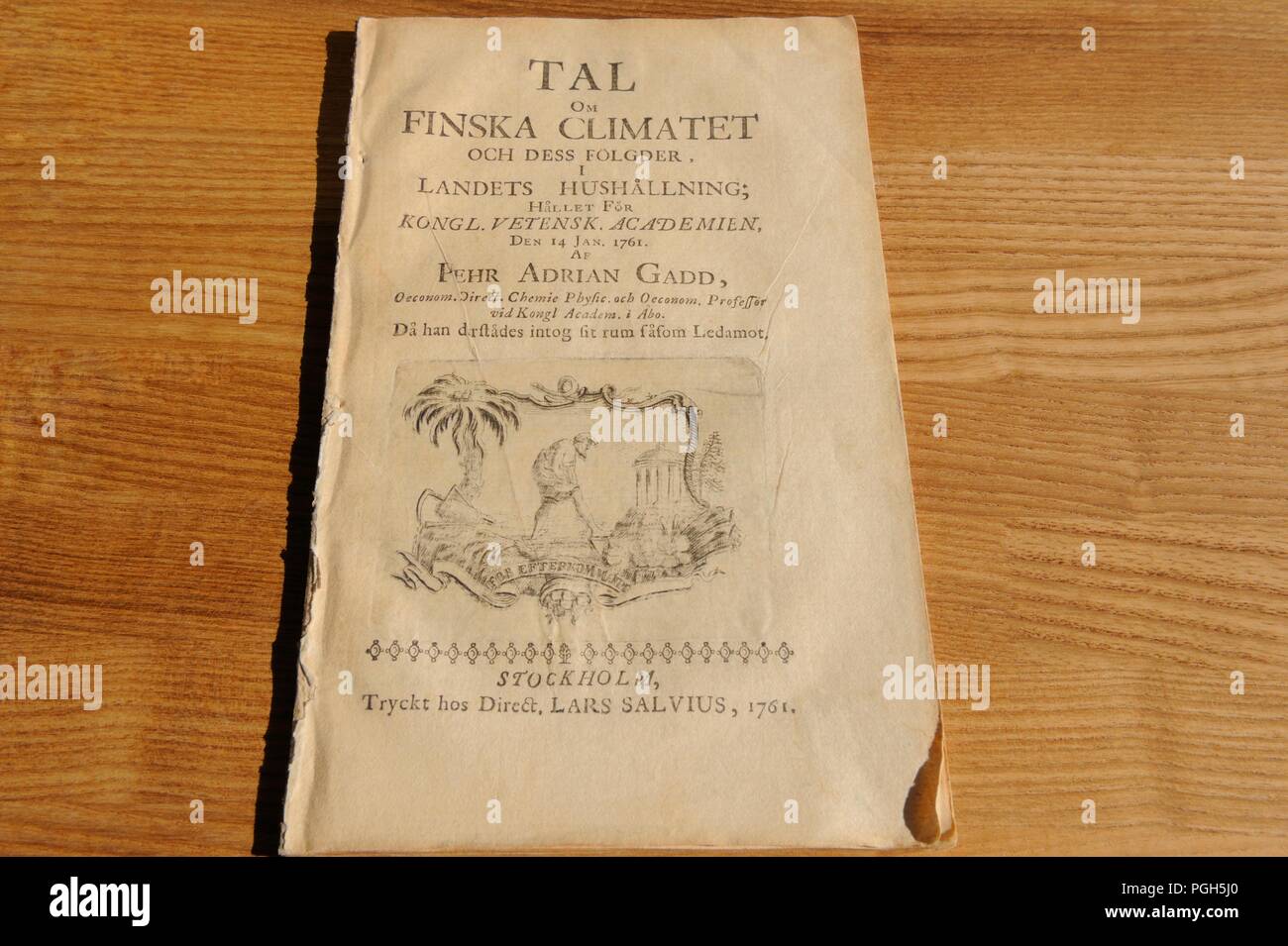 Tal om Climatet Finska och dess fölgder ich landets hushållning; Hållet för Kongl. Vetensk. Academien, den 14 Jan 1761. Af Pehr Adrian Gadd, Oeconom. Di Stockfoto
