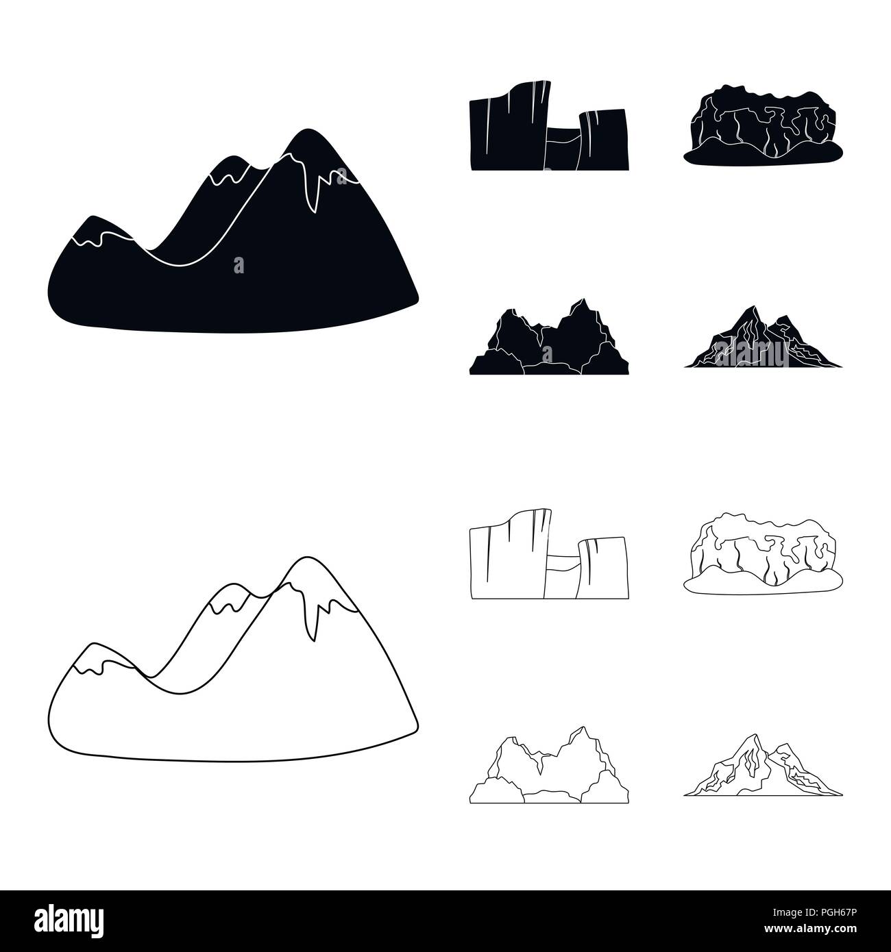 Grüne Berge mit Schnee Tops, einer Schlucht, Felsen, Wälder, eine Lagune und Felsen. Verschiedene berge Sammlung Icons in Schwarz, outline Style vect Stock Vektor