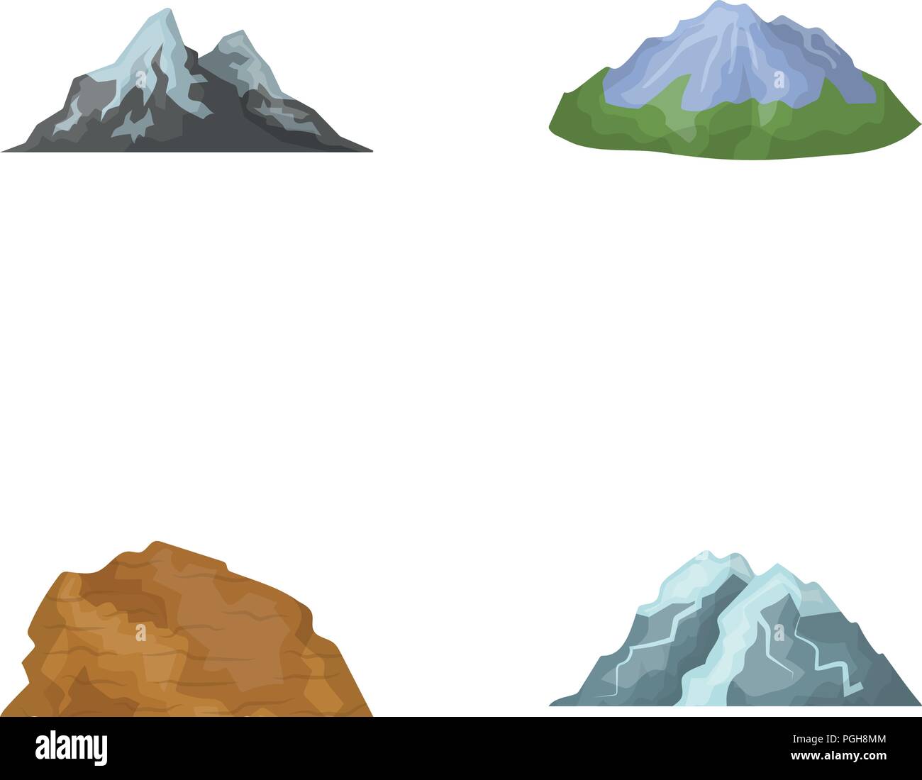 Berge in der Wüste, einen schneebedeckten Gipfel, eine Insel mit einem Gletscher, einer schneebedeckten Berg. Verschiedene berge Sammlung Icons im Comic-stil vec Stock Vektor