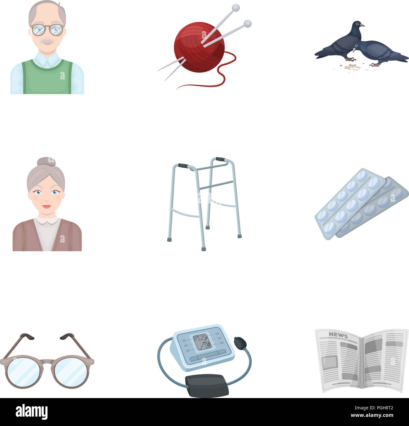 Alter Aids Antenne Antibiotikum Sessel Aspirin Attribute Vogel Cartoon Sammlung Taubheit Glas Glaser Horen Hobby Icon Illustration Ungultig Isoliert Stricken Logo Lotorrhea Mensch Medizin Alte Taube Pillen Prothesen Rest