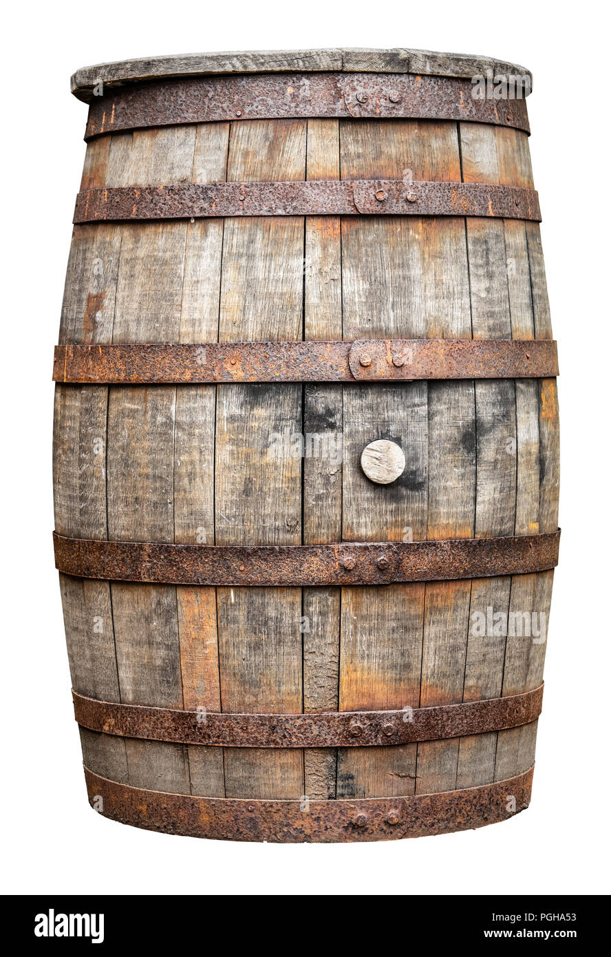 Eine isolierte urigen alten Bier, Wein, Whiskey, Rum oder Brandy Fass oder Fass auf weißem Hintergrund Stockfoto