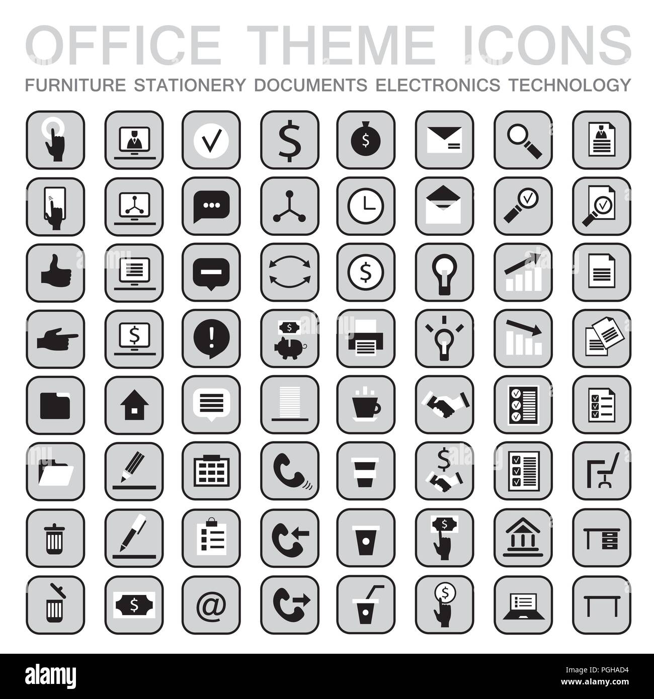 Satz von 64 Web Icons für Unternehmen. Office Thema Möbel, Schreibwaren, Schilder, Dokumente, Technik und etc. Stock Vektor