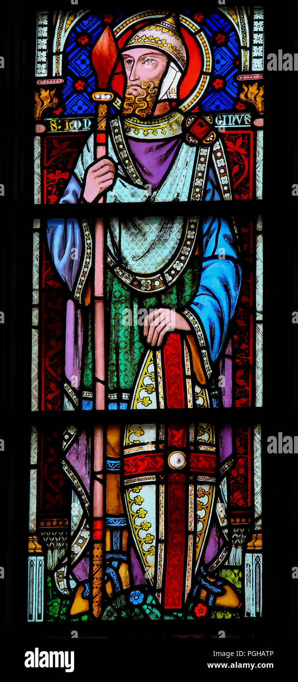Glasmalereien in der Basilika des Heiligen Blutes in Brügge, Belgien, Darstellung des Heiligen Longinus Stockfoto