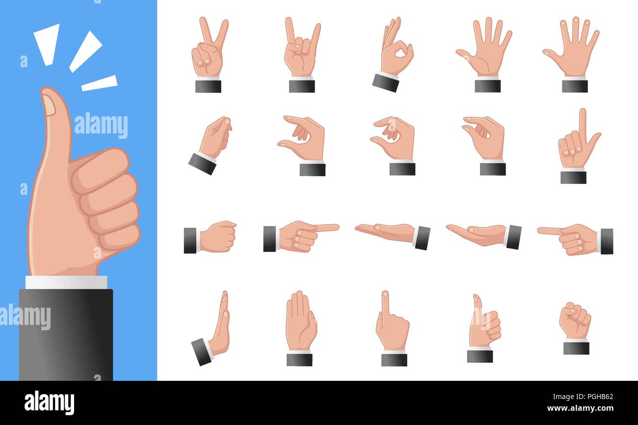 Verschiedene Gesten der Hände auf einem weißen Hintergrund. Vektor flachbild Abbildung: weibliche Hände in verschiedenen Situationen. Vektor Design Elemente für Infografik, Web, Internet, Präsentationen Stock Vektor