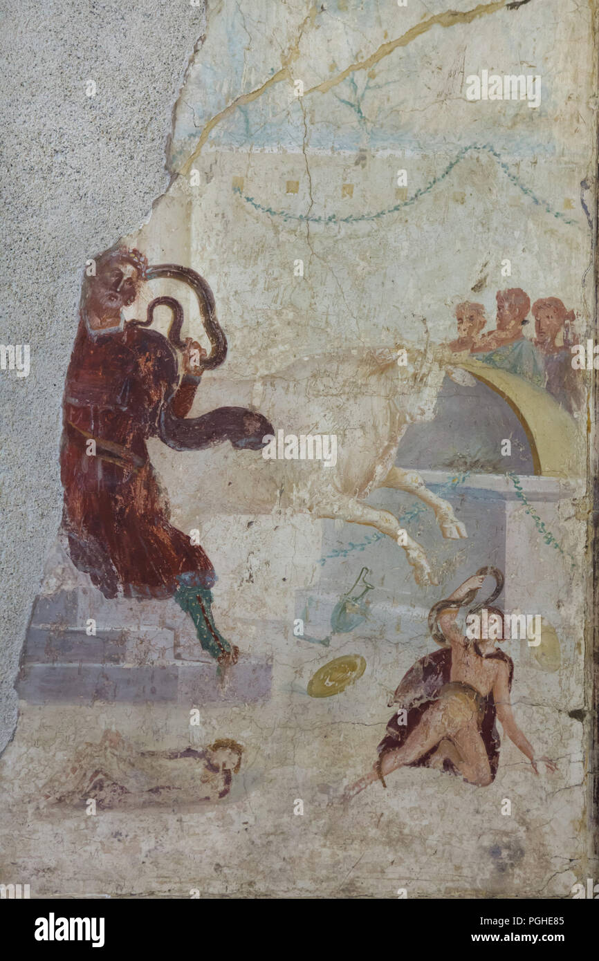 Laocoön mit seinen Söhnen durch Schlangen angegriffen. Römischen Fresko aus dem Hause Laocoön (Casa di Laocoonte) in Pompeji (1-79 AD), nun im Nationalen Archäologischen Museum (Museo Archeologico Nazionale di Napoli) in Neapel, Kampanien, Italien. Laokoon, der Verzicht auf eine große weiße Stier war zu Poseidon, angegriffen wird und zusammen mit seinen Söhnen durch Schlangen gesendet von Athene erstickt. Stockfoto