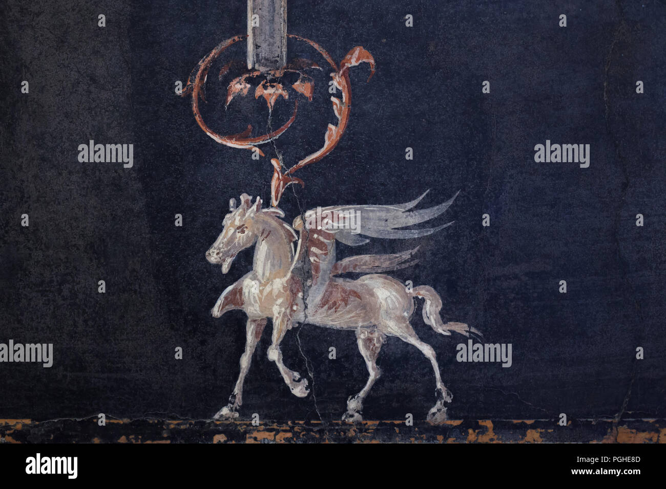 Pegasus in der römischen Fresko aus Herculaneum (1-79 AD) dargestellt, nun im Nationalen Archäologischen Museum (Museo Archeologico Nazionale di Napoli) in Neapel, Kampanien, Italien. Stockfoto