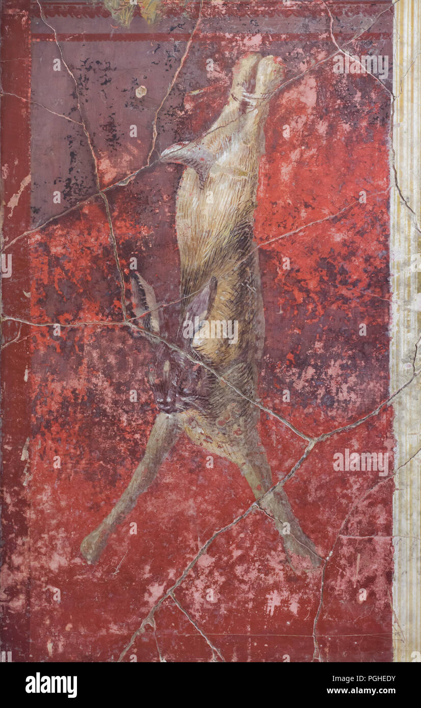 Hase in der römischen Fresko aus Pompeji aus dem 1. Jahrhundert v. Chr. datiert dargestellt, nun im Nationalen Archäologischen Museum (Museo Archeologico Nazionale di Napoli) in Neapel, Kampanien, Italien. Stockfoto