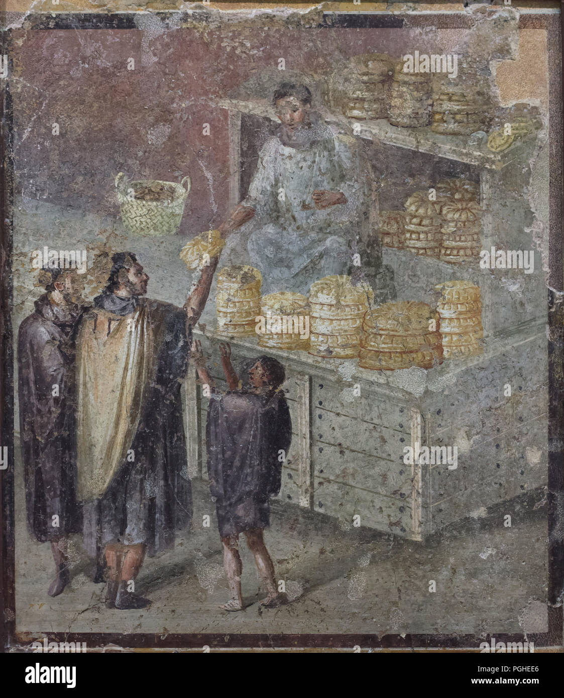 Römische Bäckerei in der römischen Fresko aus in Pompeji dargestellt, nun im Nationalen Archäologischen Museum (Museo Archeologico Nazionale di Napoli) in Neapel, Kampanien, Italien. Stockfoto