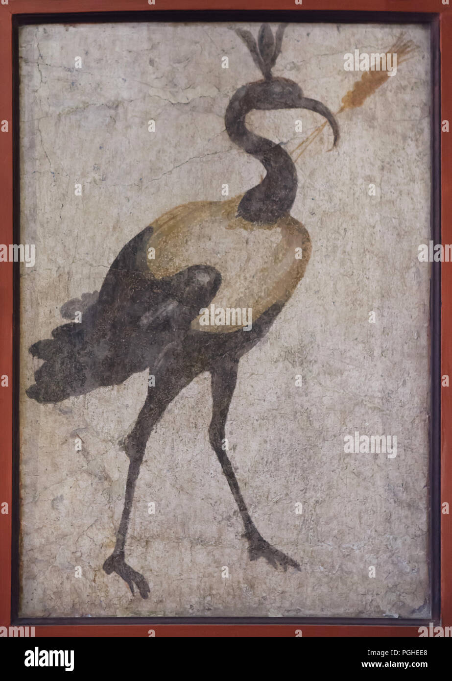Afrikanische Heilige Ibis (Threskiornis aethiopicus) Im römischen Fresko aus dem Heiligtum, der Tempel der Isis (Tempio di Iside) in Pompeji dargestellt, nun im Nationalen Archäologischen Museum (Museo Archeologico Nazionale di Napoli) in Neapel, Kampanien, Italien. Stockfoto