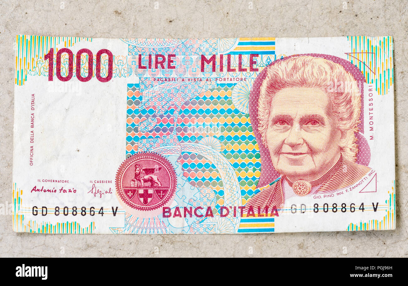 Ein Aufgegebener Italienisch 1000 Lire Bank Note Stockfoto Bild
