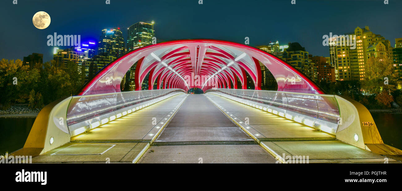 Peace Bridge mit Bow River und ein Teil der Downtown Calgary in Alberta, Kanada in der Nacht Stockfoto