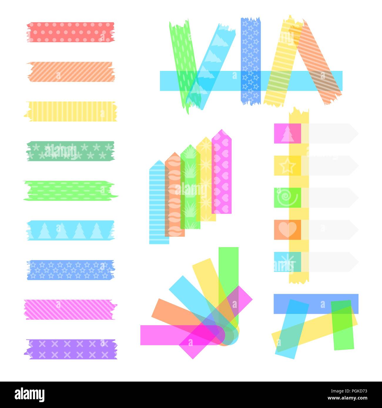 Set sweet Sticky farbigem Klebstoff transparent washi Bänder, Aufkleber und Lesezeichen auf einem weißen Hintergrund, mit niedlichen Textur auf sie gemalt. Stock Vektor