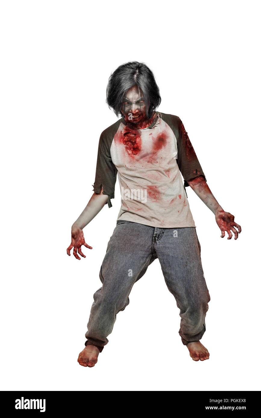 Spooky zombie Mann mit Kralle die Hände auf weißem Hintergrund Stockfoto