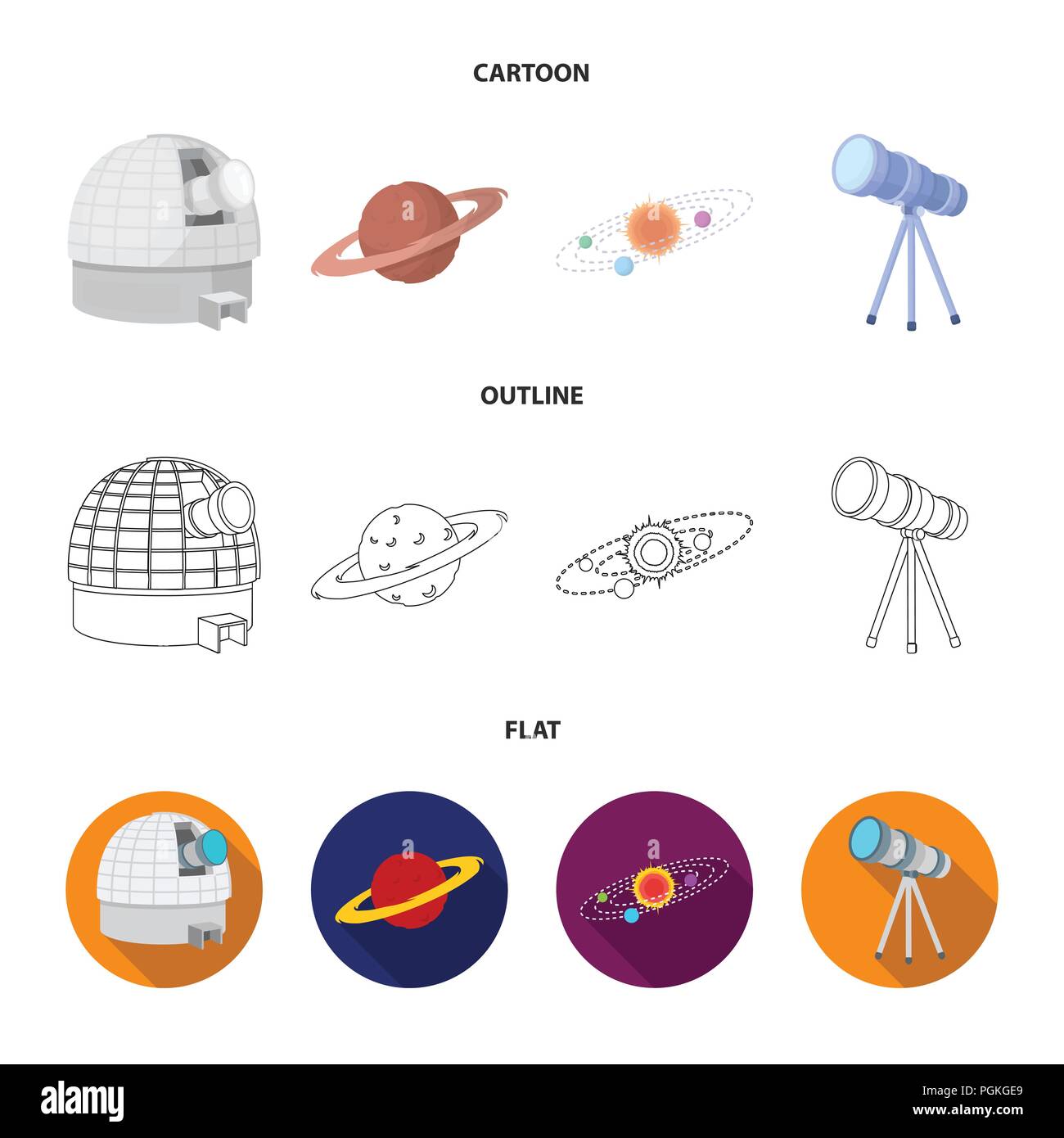 Observatorium mit einem Radioteleskop, Mars, Solaranlage mit Umlaufbahnen von Planeten, Teleskop auf einem Stativ. Raum Sammlung Icons im Cartoon, Überblick Stock Vektor Observatorium mit einem Radioteleskop, Mars, Solaranlage mit Umlaufbahnen von Planeten, Teleskop auf einem Stativ. Raum Sammlung Icons im Cartoon, Überblick Stock Vektor
