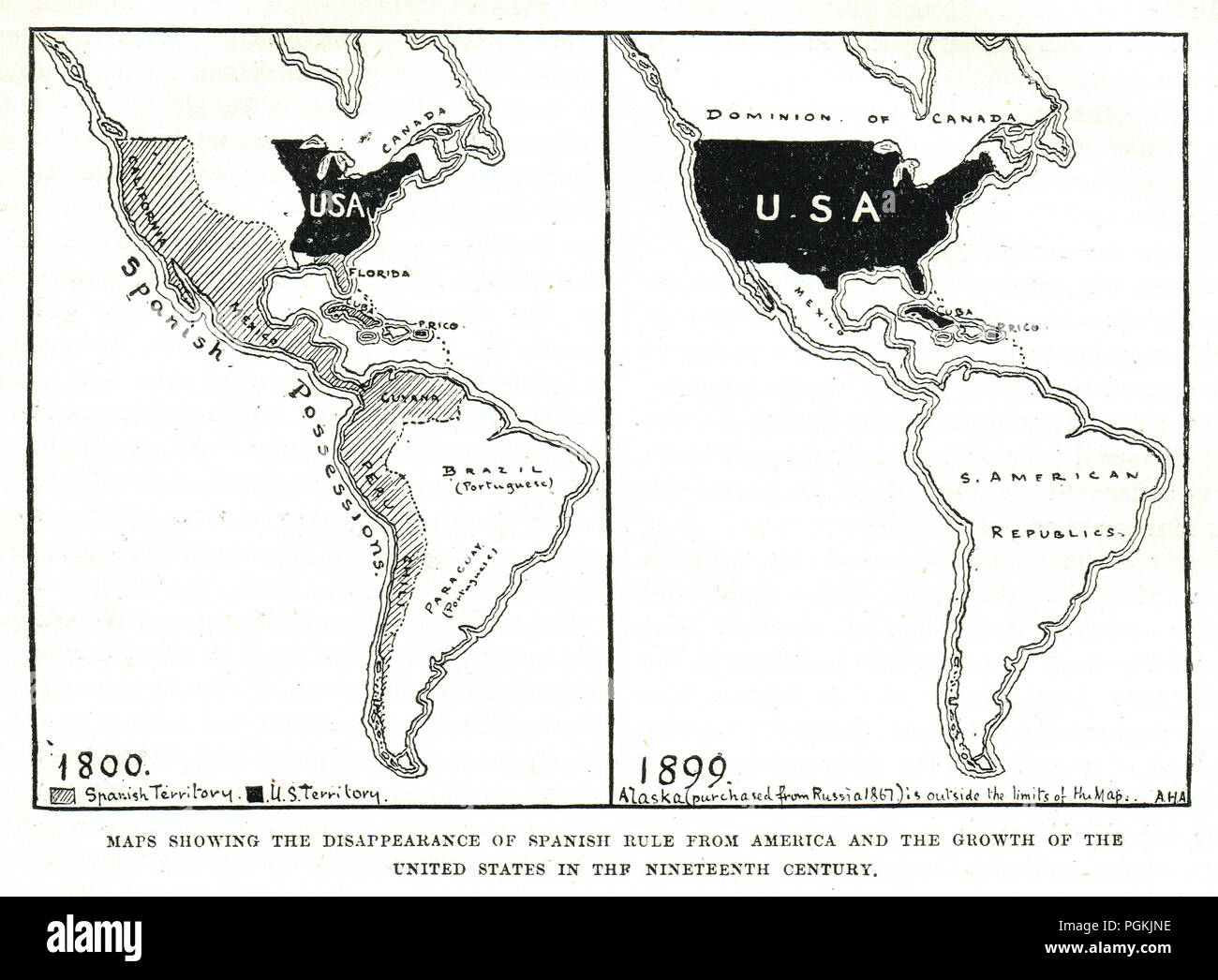 Karte der spanischen Verluste in Nordamerika, mit dem Verschwinden der spanischen Herrschaft, und das Wachstum der Vereinigten Staaten im 19. Jahrhundert Stockfoto
